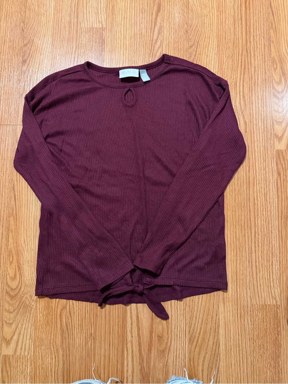 Place Burgundy Ribbed Long-Sleeve Tie-Front Top